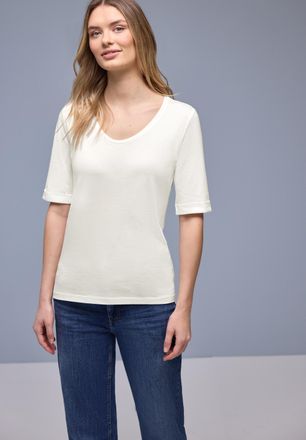 Street One Rundhalsshirt STREET ONE, Damen, Gr. 42, sanftes wei&szlig;, Jersey, Obermaterial: 50% Baumwolle, 50% Modal, unifarben, tailliert h&uuml;ftbedeckend, V-Ausschnit