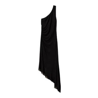 Twinset Asymmetrische Crepe Jurk met Georgette Ruche - Dames - Casual kleedjes - Zwart - M - Kleedjes