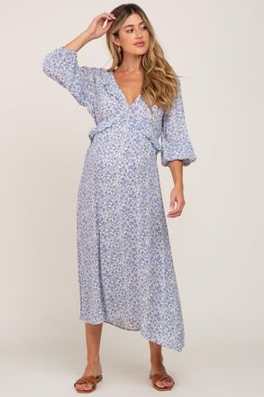 Pinkblush Floral Ruffle V-Neck Midi Dress in Blue at Nordstrom, Size Medium