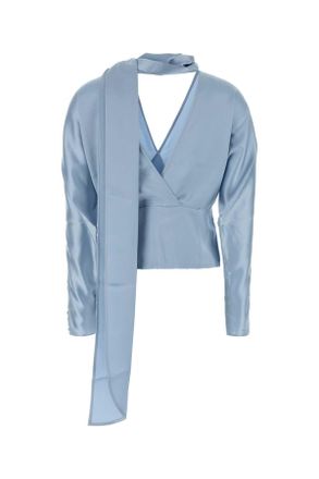 Ganni Womens Light-Blue Satin Blouse Soft Chambray Maglie Sweater