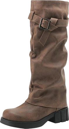 Generic Womens Punk Style Mid Calf Boots Chunky Heel Pleated Design Motorcycle Booties