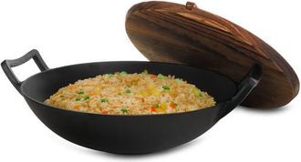 MegaChef 2 Piece 14 Inch Heavy Duty Cast Iron Wok with Wood Lid in Black at Nordstrom