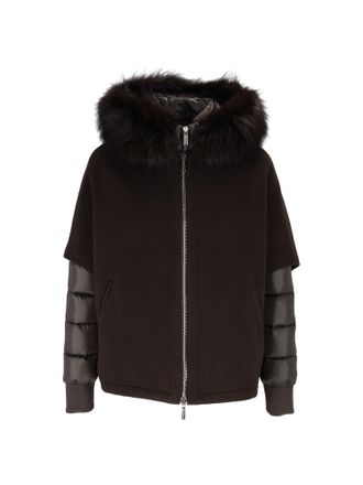 Moorer Pegaso-CWR Cioccolato Boxy Quilted-Sleeve Padded Fur-Trimmed Short Jacket