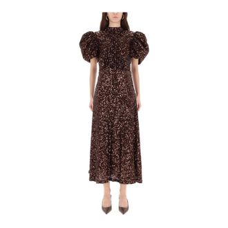 Rotate Rotate Birger Christensen - Sequin Pofmouwm Zwart Met Ronde Hals Midi Jurk - Dames - Jurken - Bruin - Maat: XS Poliester