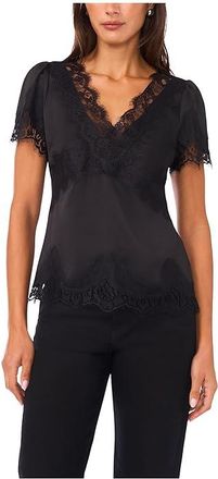 Vince Camuto Short Sleeve V-Neck with Lace Womens Clothing Rich Black : 6, Polyester