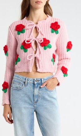 All in Favor 3D Flower Chunky Tie Front Cardigan in Pink at Nordstrom Rack, Size X-Small