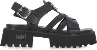 Cult Zwarte Leren Sandalen met Enkelband - Dames - Sandalen - Zwart - 40 EU - Schoenen