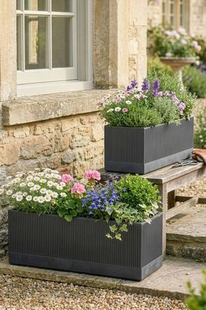 Dibor Set of 2 Mela Rib Black Summer Outdoor Garden Planters | Size: Large