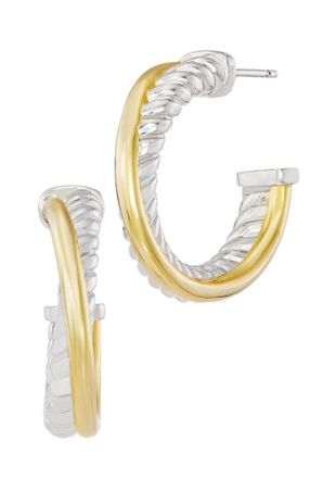 Savvy Cie Jewels RHODIUM AND GOLD PLATED OVER BRASS PLAIN TWIST HOOP EARRINGS