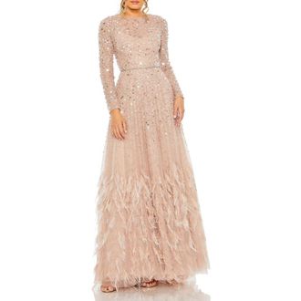 Mac Duggal Petite Disc Embellished Sequin Gown with Feather Detail in Dusty Rose at Nordstrom, Size 12P
