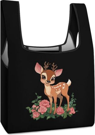 Generic Cute Floral Deer Shopping Bag Reusable Grocery Tote Bag Foldable Handbag for Travel Picnic