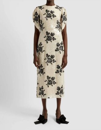 Erdem Short Sleeve Floral Sequined Pencil Dress In White/black
