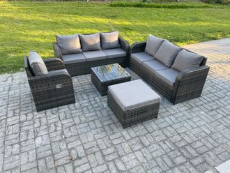 Fimous Outdoor Rattan Garden Furniture Set Conservatory Patio Sofa Coffee Table With Reclining Chair Big Footstool in Dark Grey