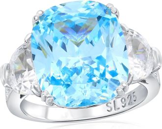 Suzy Levian Sterling Silver Gala Firework Elongated Cushion Cut Aqua & White Cubic Zirconia Engagement Ring