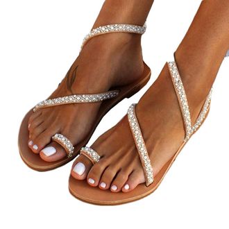 Generic Womens Pearl Strappy Casual Flat Sandals Wedding Sandals for Bride Beaded Ankle Strap Toe Ring Slides Summer Vacation Bohemian Flat Pearl and Rhinesto