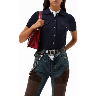 Versace Gender Inclusive Embroidered Short Sleeve Virgin Wool Shirt Cardigan in Navy at Nordstrom, Size 4 Us