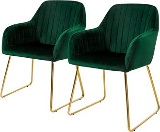 ML Design Ml-design - Juego De 2x Sillas De Comedor Verdes Asiento Ergon&oacute;mico Acolchado Tapizado De Terciopelo, Patas De Metal Dorado Sill&oacute;n De Dise&ntilde;o Moderno P