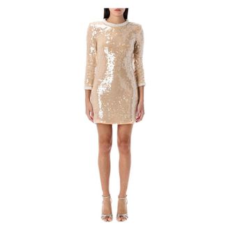 Self Portrait Party Dresses, female, Beige, Size: M Sequin Pearl Trim Mini Dress