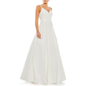 Mac Duggal Womens V-Neck Ball Gown with Belted A-Line Skirt in White at Nordstrom, Size 16