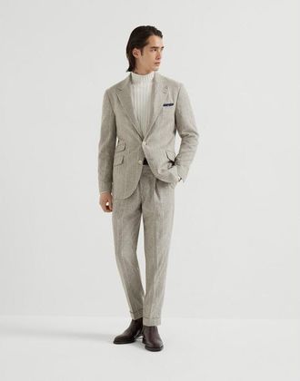 Brunello Cucinelli Mens Rock Salt Silk Wool Striped Suit, Size 52