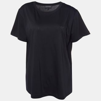 Emporio Armani Black Velour Pattern Cotton Knit T-Shirt
