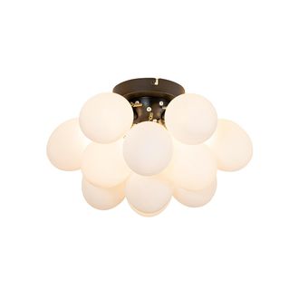QAZQA Qazqa - Dise&ntilde;o Plaf&oacute;n Art Deco Negro Con Cristal Opalino 3-luces - Uvas Vidrio /acero Esfera Adecuado Para Led Max. 3 X 28 Watt