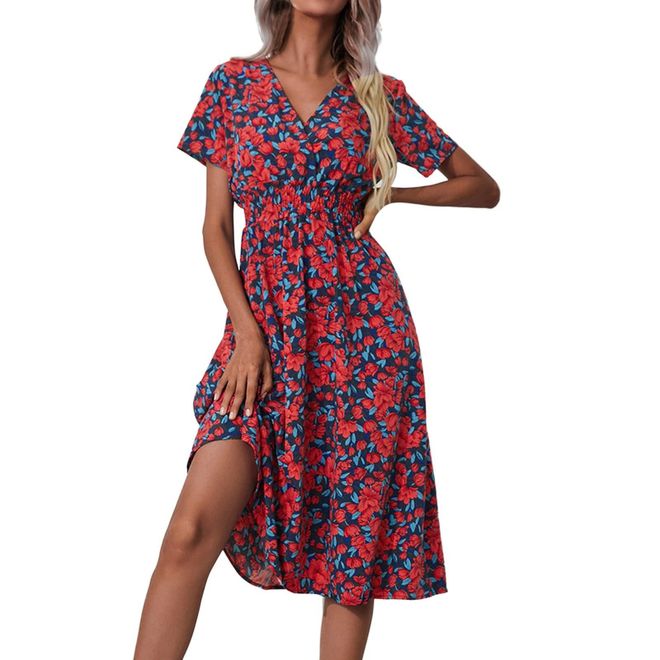 Womens Boho Dresses Summer UK Sale Clearance Loose Casual Midi Tunic Dress Floral Polka Dots Print V Neck Short Sleeve T Shirt Ruffle Dresses