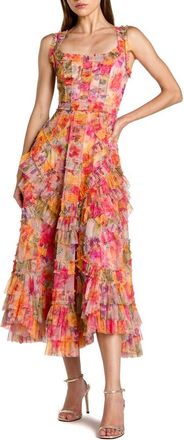 Mac Duggal Floral Scoop Neck A-Line Ruffle Midi Dress in Multi at Nordstrom, Size 14