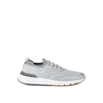 Brunello Cucinelli Grijze Gebreide Sneakers met Leren Rand - Heren - Sneakers - Grijs - 44 EU - Katoen - Schoenen
