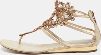 Rene Caovilla Ren&eacute; Caovilla Gold Leather Crystals Embellished T Strap Flats