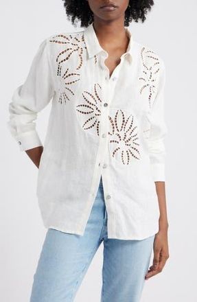 Rails Samar Floral Embroidery Detail Linen Blend Button-Up Shirt in White at Nordstrom Rack, Size Small