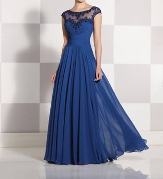 Mon Cheri Cap Sleeves A-Line Dress In Blue Willow