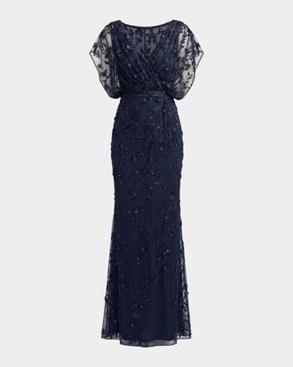 Mac Duggal Beaded Draped Mesh Column Gown