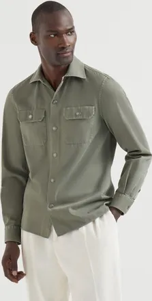Brunello Cucinelli Garment-dyed overshirt in cotton gabardine with spread collar and chest pockets in Military at Nordstrom, Size 4X-Large
