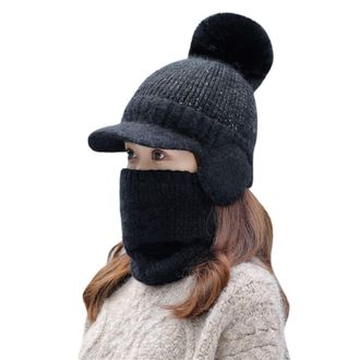 Generic Womens Earmuffs Hat Flocking Thermal Cycling Warm Winter Hat Knitting Winter Hat Camp Baseball Cap (Black, One Size)