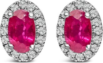 House of Brilliance 10K White Gold 5x3 MM Oval Cut Birthstone and Diamond Halo Stud Earrings in Red Ruby at Nordstrom