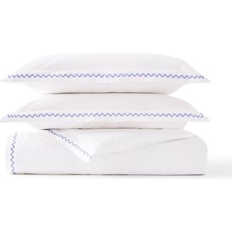 Christy Wave Embroidered Edge Cotton Percale Duvet Cover Sets in China Blue at Nordstrom, Size Queen