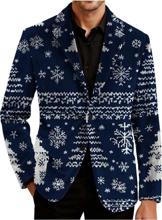 Generic Christmas Blazer for Men Christmas Blazers for Men UK Corduroy Xmas Tree Printed Suits Jacket Novelty Ugly Festival Party Blazer Lapel Single Button B
