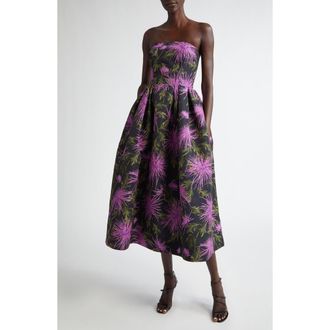 Oscar De La Renta Chrysanthemum Print Strapless Cocktail Dress in Purple/Navy at Nordstrom, Size 4