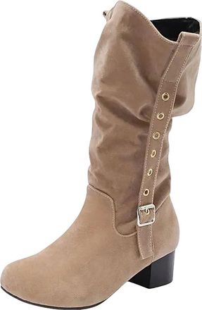 Generic Womens Leisure Mid Calf Boots Round Toe Med Block Heel Platform With Slip On Design Pleated Detail And Buckle