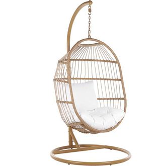 Beliani Silla Colgante De Rat&aacute;n Color Natural Con Soporte De Metal Forma De Huevo 2 Cojines Suaves Boho R&uacute;stico Alba