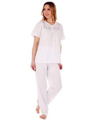 Slenderella PJ3271 Womens White Cotton Embroidered Pyjama Set Medium