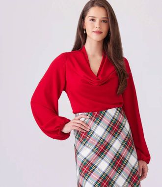 Karen Kane Danna Drape Cowl Neck Top In Red