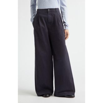 Jil Sander Pleated Cotton Drill Wide Leg Pants in Midnight at Nordstrom, Size 42