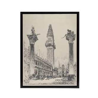 Artery8 Joseph Pennell Venice Rebuilding the Campanile Framed Canvas Art Print in Grey | Size: W24 x H32