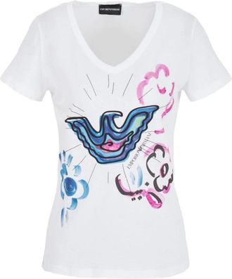 Emporio Armani T-shirt met V-hals en grafische print - Dames - T-shirts - Wit - M - Katoen - Tops
