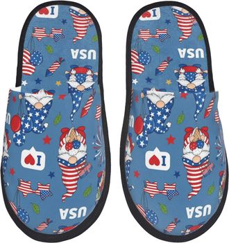 Generic Lightweight Cotton Slipper American Flag Gnome House Shoes Fluffy Winter Slippers for Hotels Guest Ladies L