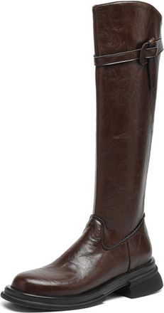 Generic Womens PU Leather Knee High Boots with Zipper Round Toe Casual Long Boots Chunky Heel Platform Boot with Buckle,Brown,6.5 UK