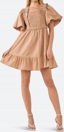 English Factory Tyler Puff Sleeves Mini Dress In Tan