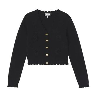 Ganni Cardigans, female, Black, Size: XL Cotton Cashmere Crochet Applique Cardigan